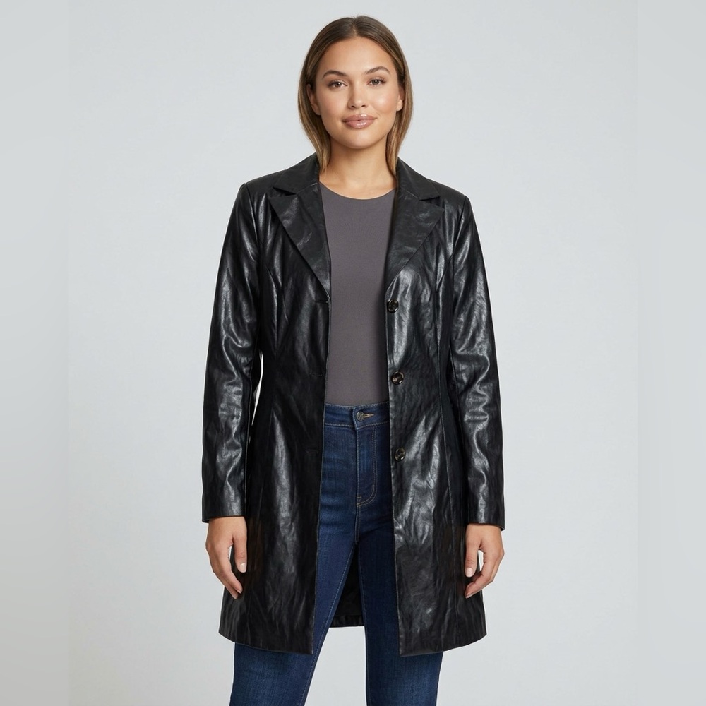 Vintage bebe Faux Leather Jacket Womens 8 Black Y2K Longline Blazer Coat